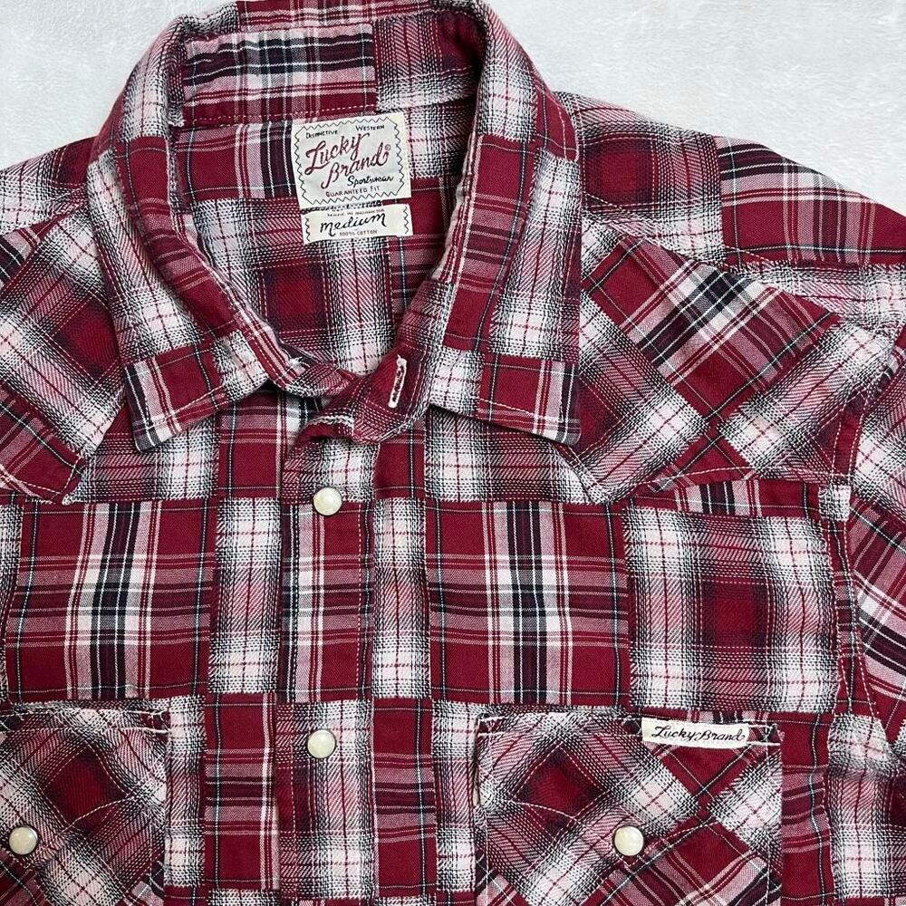 Lucky Brand Button Up Flannel Mens Medium Western Pearl Snaps Rodeo Vaquero